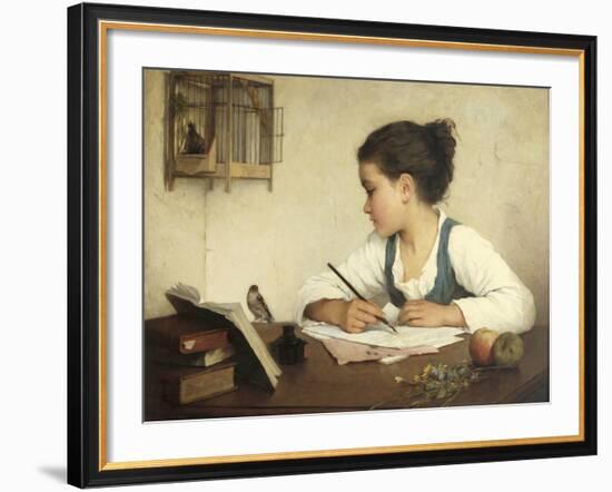 Young Girl Writing at Her Desk with Birds-Henriette Browne-Framed Giclee Print