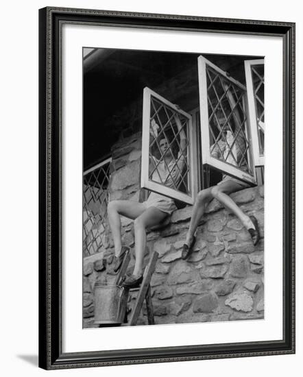 Young Girls Cleaning Windows During a Party to Repair a Country Home-Nina Leen-Framed Photographic Print