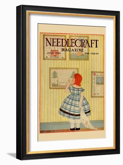 Young Girls Looks At a Selection of Old Needlepoints On a Wall-null-Framed Premium Giclee Print