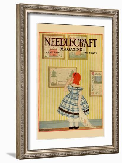 Young Girls Looks At a Selection of Old Needlepoints On a Wall-null-Framed Art Print