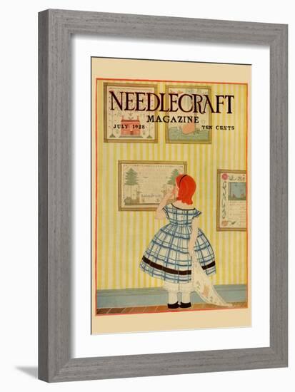 Young Girls Looks At a Selection of Old Needlepoints On a Wall-null-Framed Art Print