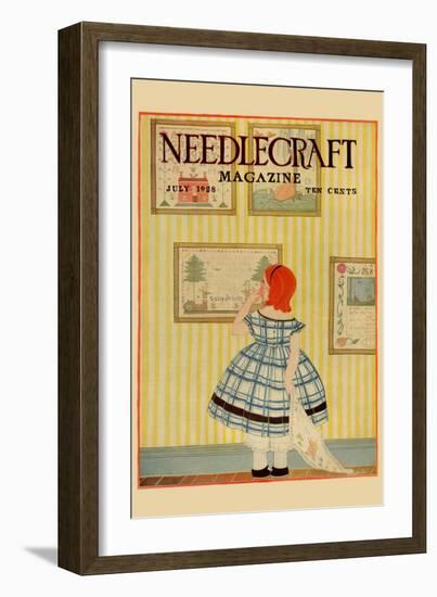 Young Girls Looks At a Selection of Old Needlepoints On a Wall-null-Framed Art Print