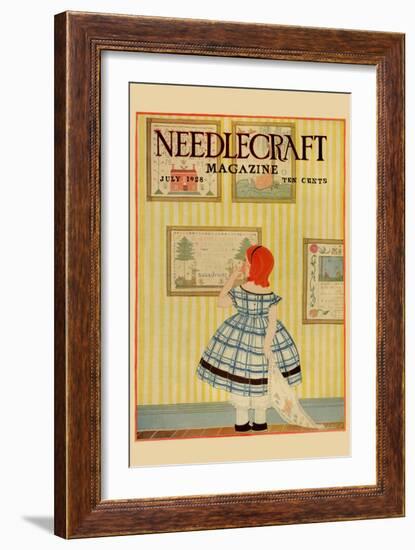 Young Girls Looks At a Selection of Old Needlepoints On a Wall-null-Framed Art Print