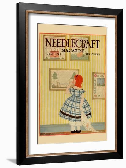 Young Girls Looks At a Selection of Old Needlepoints On a Wall-null-Framed Art Print