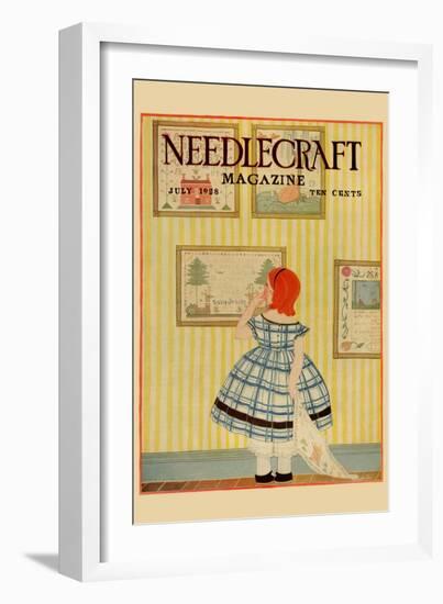 Young Girls Looks At a Selection of Old Needlepoints On a Wall-null-Framed Art Print