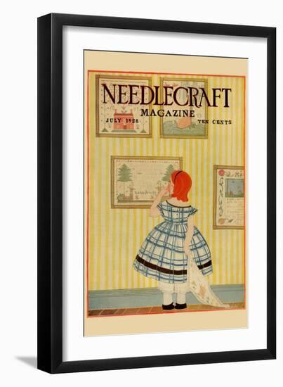 Young Girls Looks At a Selection of Old Needlepoints On a Wall-null-Framed Art Print