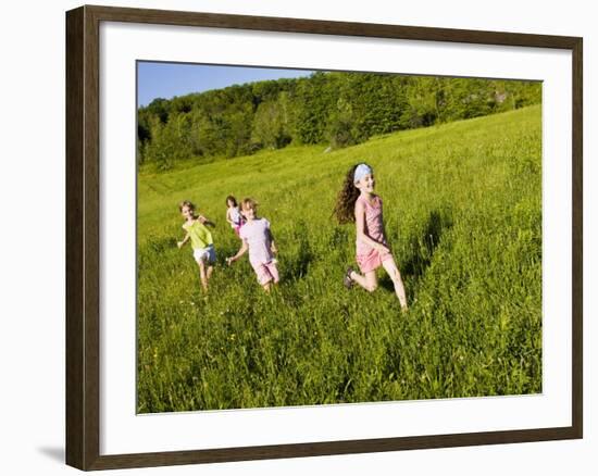 Young girls running in field, Sabins Pasture, Montpelier, Vermont, USA-Jerry & Marcy Monkman-Framed Photographic Print