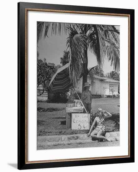 Young Girls Selling Lemonade from a Sidewalk Stand-Nina Leen-Framed Photographic Print