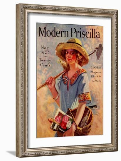 Young Grils Has a Hoe and a Gardening Basket-Modern Priscilla-Framed Art Print