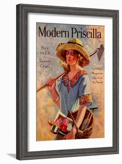 Young Grils Has a Hoe and a Gardening Basket-Modern Priscilla-Framed Art Print