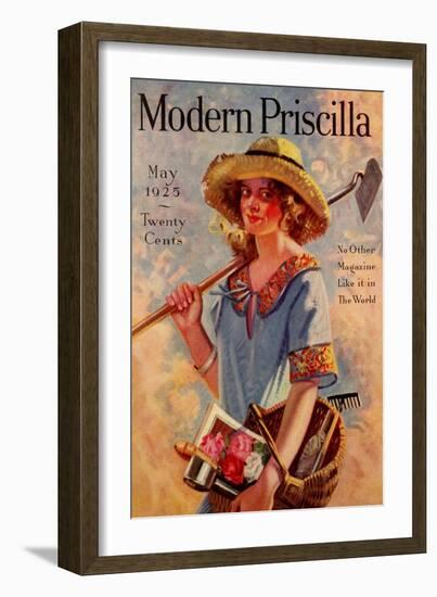 Young Grils Has a Hoe and a Gardening Basket-Modern Priscilla-Framed Art Print