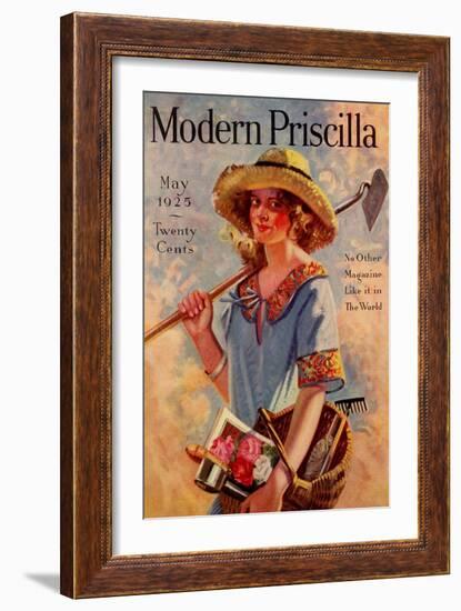 Young Grils Has a Hoe and a Gardening Basket-Modern Priscilla-Framed Art Print