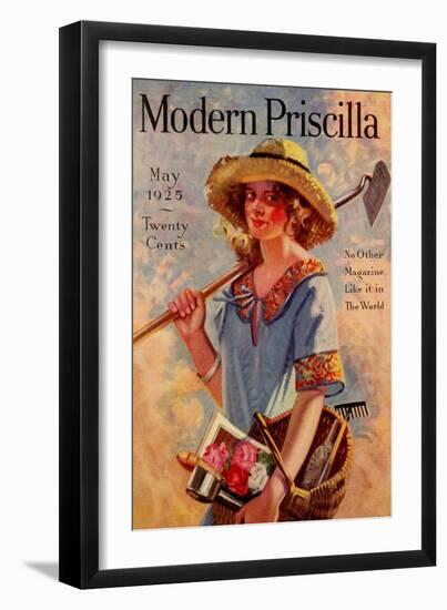 Young Grils Has a Hoe and a Gardening Basket-Modern Priscilla-Framed Art Print