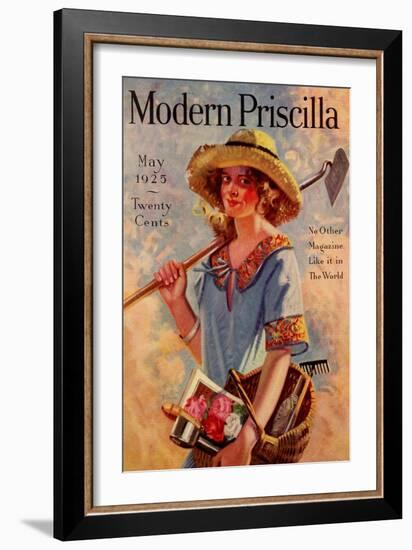 Young Grils Has a Hoe and a Gardening Basket-Modern Priscilla-Framed Art Print