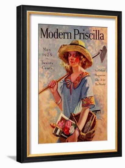 Young Grils Has a Hoe and a Gardening Basket-Modern Priscilla-Framed Art Print