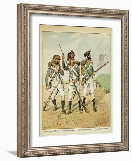 Young Guard: Conscript Grenadier, Tirailleur-Grenadier, and Flanqueur-Chasseur-Louis Bombled-Framed Art Print