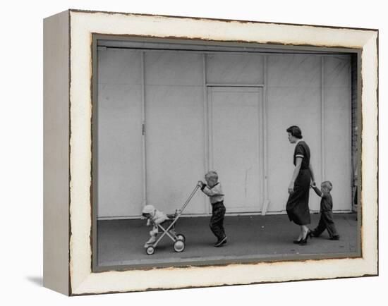 Young Housewife Walking with Her Three Children-Mark Kauffman-Framed Premier Image Canvas