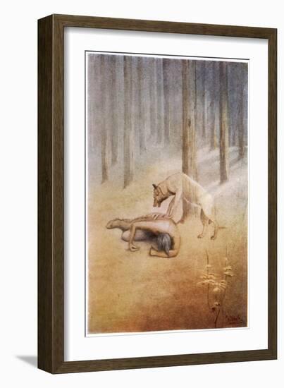 Young Indian Encounters His Totem Spirit "Utonagan" in the Form of a She-Wolf-James Jack-Framed Art Print