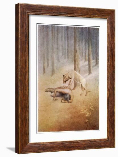 Young Indian Encounters His Totem Spirit "Utonagan" in the Form of a She-Wolf-James Jack-Framed Art Print