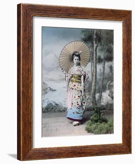 Young Japanese Girl in a Kimono and with a Parasol, Mt.Fuji in the Background, c.1900-Japanese Photographer-Framed Photographic Print