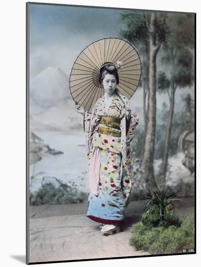 Young Japanese Girl in a Kimono and with a Parasol, Mt.Fuji in the Background, c.1900-Japanese Photographer-Mounted Photographic Print