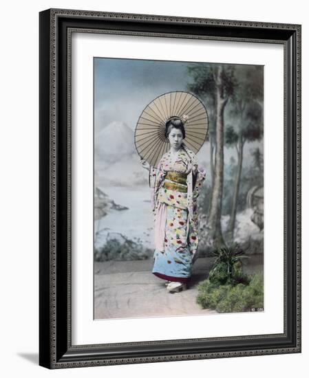 Young Japanese Girl in a Kimono and with a Parasol, Mt.Fuji in the Background, c.1900-Japanese Photographer-Framed Photographic Print