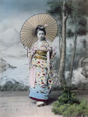 Young Japanese Girl in a Kimono and with a Parasol, Mt.Fuji in the  Background, c.1900' Photographic Print - Japanese Photographer | Art.com
