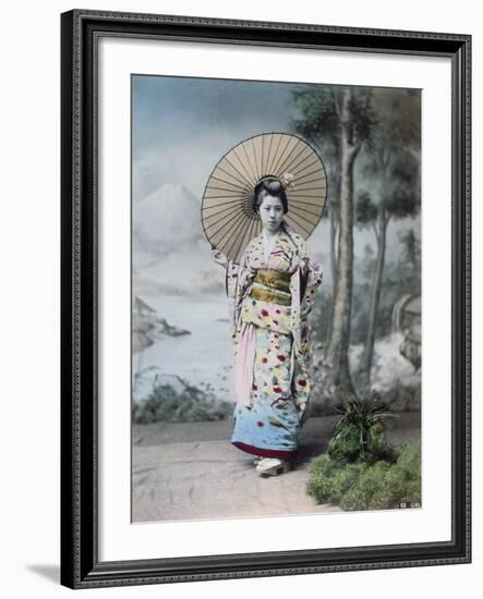 Young Japanese Girl in a Kimono and with a Parasol, Mt.Fuji in the Background, c.1900-Japanese Photographer-Framed Photographic Print