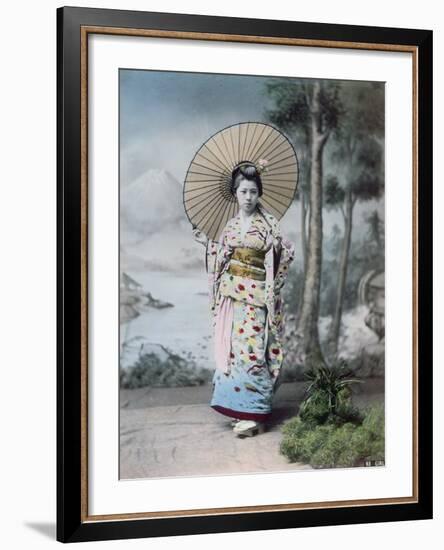 Young Japanese Girl in a Kimono and with a Parasol, Mt.Fuji in the Background, c.1900-Japanese Photographer-Framed Photographic Print