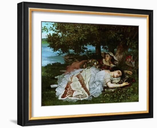 Young ladies on the banks of the Seine River. (1856).-Gustave Courbet-Framed Giclee Print