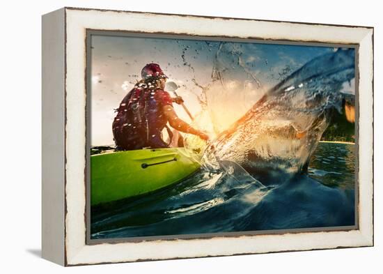 Young Lady Paddling Hard the Kayak with Lots of Splashes-Dudarev Mikhail-Framed Premier Image Canvas