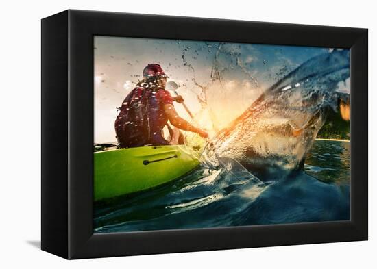 Young Lady Paddling Hard the Kayak with Lots of Splashes-Dudarev Mikhail-Framed Premier Image Canvas