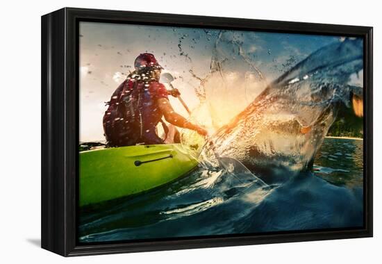 Young Lady Paddling Hard the Kayak with Lots of Splashes-Dudarev Mikhail-Framed Premier Image Canvas