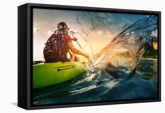 Young Lady Paddling Hard the Kayak with Lots of Splashes-Dudarev Mikhail-Framed Premier Image Canvas