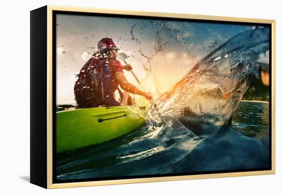 Young Lady Paddling Hard the Kayak with Lots of Splashes-Dudarev Mikhail-Framed Premier Image Canvas