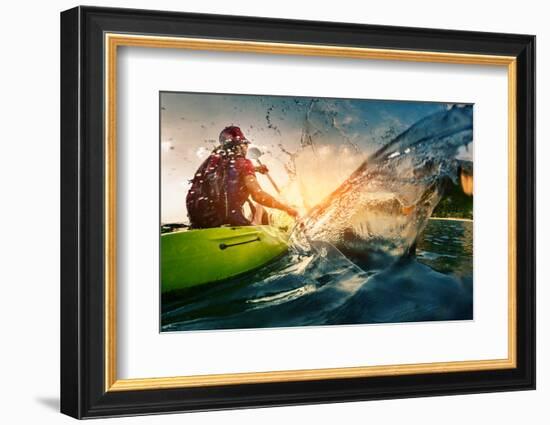 Young Lady Paddling Hard the Kayak with Lots of Splashes-Dudarev Mikhail-Framed Photographic Print