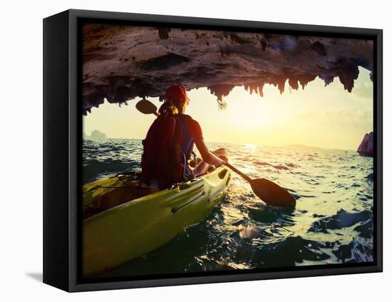 Young Lady Paddling the Kayak from Limestone Cave towards Open Sea-Dudarev Mikhail-Framed Premier Image Canvas