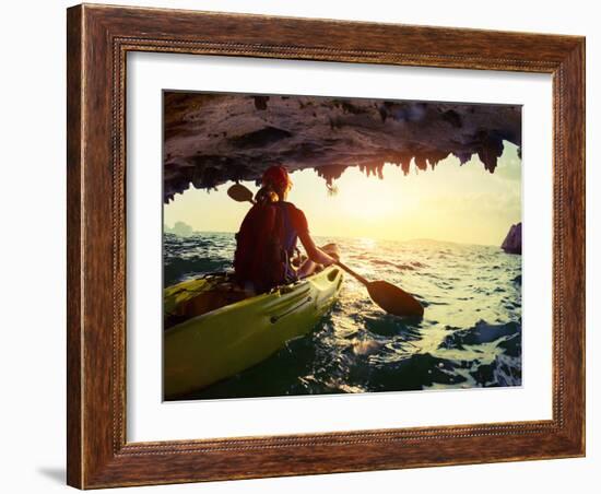 Young Lady Paddling the Kayak from Limestone Cave towards Open Sea-Dudarev Mikhail-Framed Photographic Print