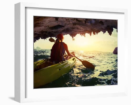 Young Lady Paddling the Kayak from Limestone Cave towards Open Sea-Dudarev Mikhail-Framed Photographic Print