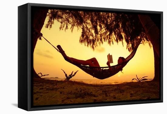 Young Lady Reading the Book in the Hammock on Tropical Beach at Sunset-Dudarev Mikhail-Framed Premier Image Canvas