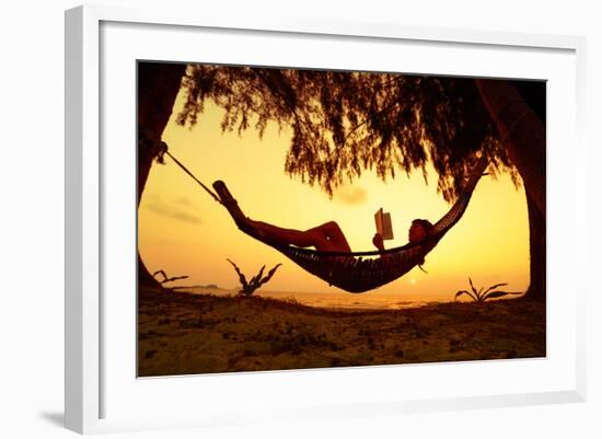 Young Lady Reading the Book in the Hammock on Tropical Beach at Sunset-Dudarev Mikhail-Framed Photographic Print