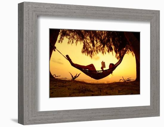 Young Lady Reading the Book in the Hammock on Tropical Beach at Sunset-Dudarev Mikhail-Framed Photographic Print