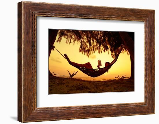 Young Lady Reading the Book in the Hammock on Tropical Beach at Sunset-Dudarev Mikhail-Framed Photographic Print