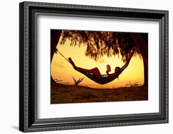 Young Lady Reading the Book in the Hammock on Tropical Beach at Sunset-Dudarev Mikhail-Framed Photographic Print