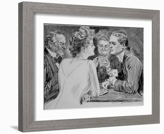 Young Man Has Trouble Concentrating on Bridge Game Because His Attention is on a Young Woman-Charles Dana Gibson-Framed Photographic Print