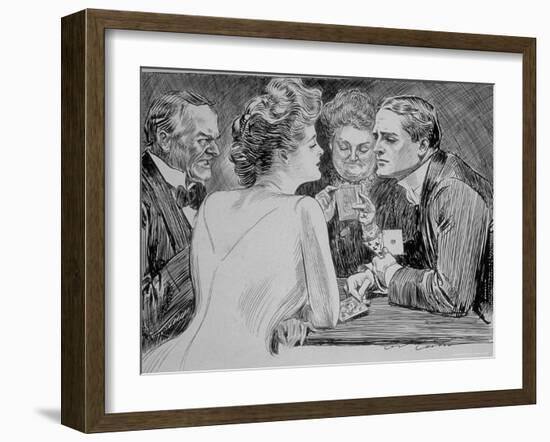 Young Man Has Trouble Concentrating on Bridge Game Because His Attention is on a Young Woman-Charles Dana Gibson-Framed Photographic Print