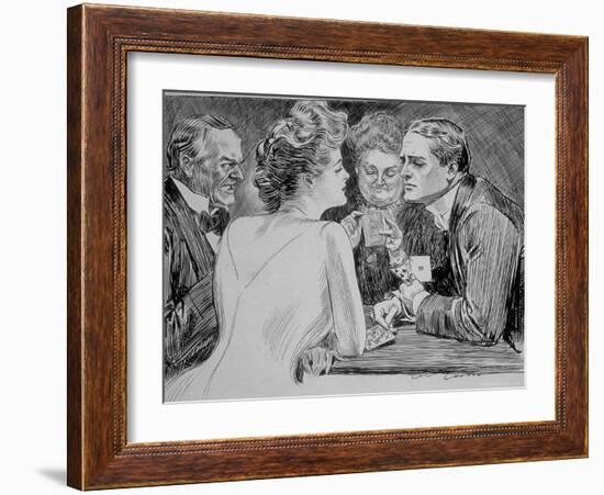 Young Man Has Trouble Concentrating on Bridge Game Because His Attention is on a Young Woman-Charles Dana Gibson-Framed Photographic Print