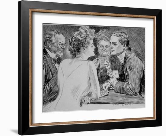 Young Man Has Trouble Concentrating on Bridge Game Because His Attention is on a Young Woman-Charles Dana Gibson-Framed Photographic Print