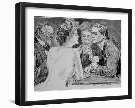 Young Man Has Trouble Concentrating on Bridge Game Because His Attention is on a Young Woman-Charles Dana Gibson-Framed Photographic Print