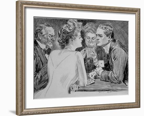 Young Man Has Trouble Concentrating on Bridge Game Because His Attention is on a Young Woman-Charles Dana Gibson-Framed Photographic Print